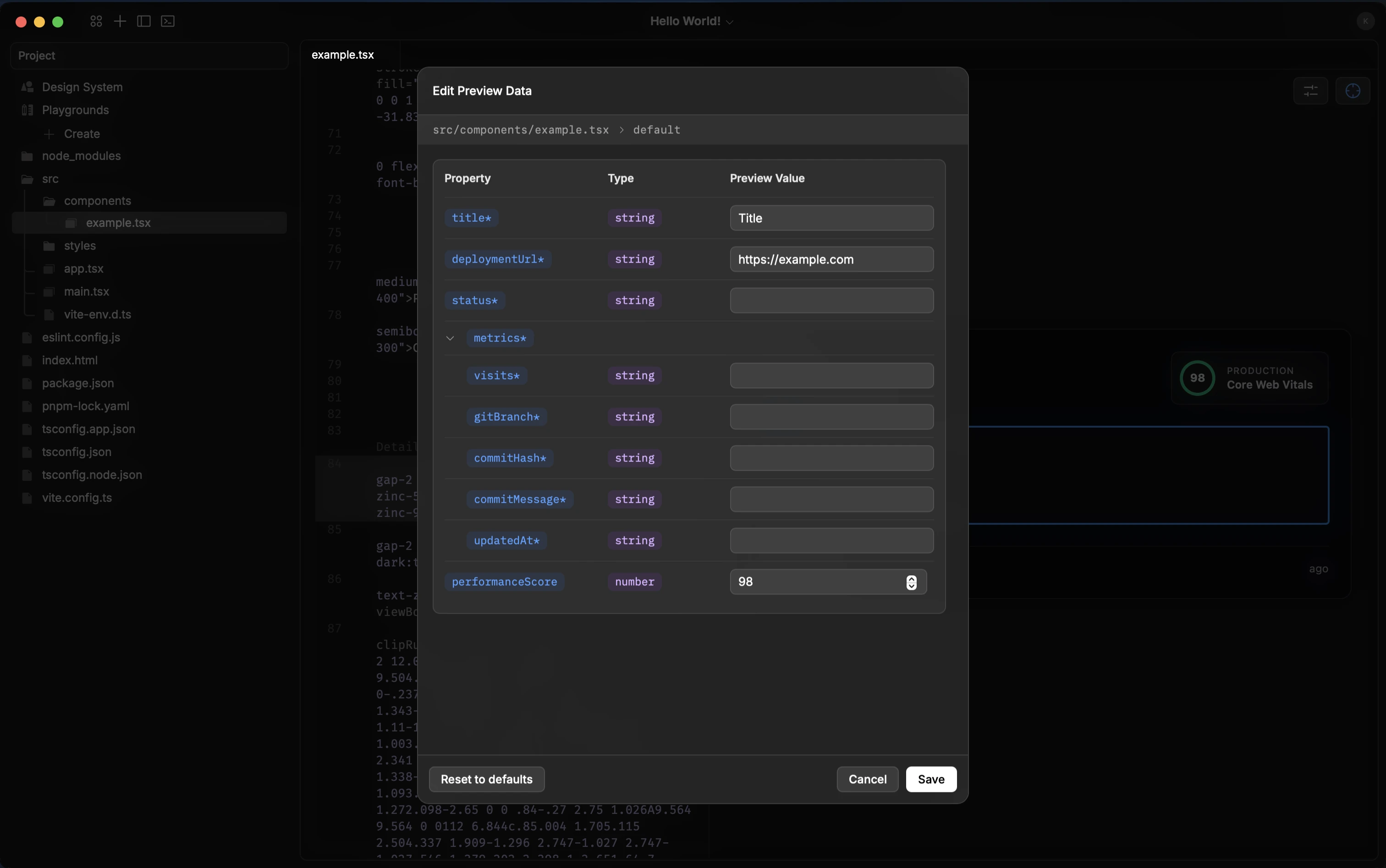 editing a component's props live, as typed fields