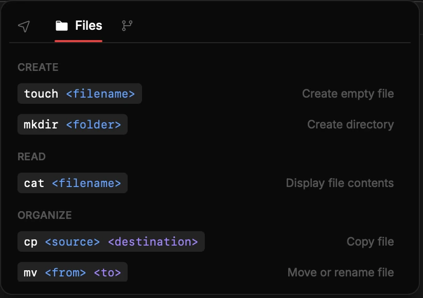cheatsheets for files, navigation, and git